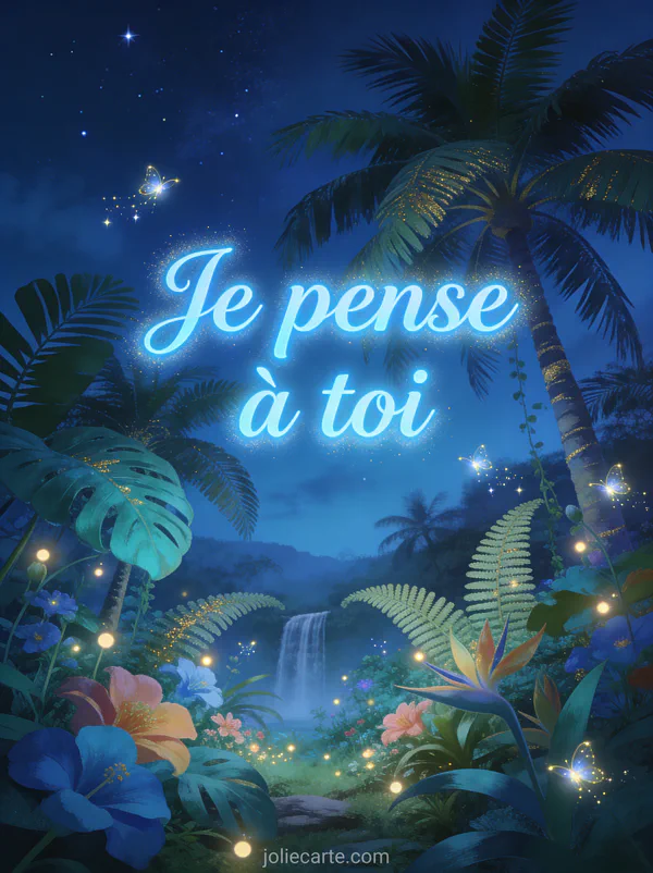 Jardin tropical luxuriant à l'heure bleue avec fleurs exotiques colorées et lucioles scintillantes et le texte Je pense à toi en lettres bleu clair