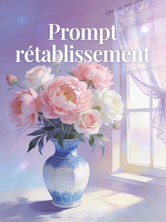 Bouquet de pivoines roses et roses blanches dans un vase en porcelaine bleue et blanche avec fond pastel et rideau en voile et le texte Prompt rétablissement