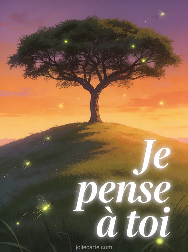 Grand arbre solitaire au sommet d'une colline au coucher du soleil avec lucioles scintillantes et ciel orangé et le texte Je pense à toi