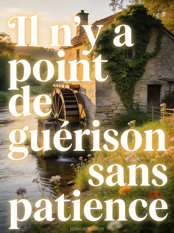 Vieux moulin à eau en pierre couvert de lierre au bord d'une rivière paisible avec fleurs sauvages et lumière dorée et le texte Il n'y a point de guérison sans patience