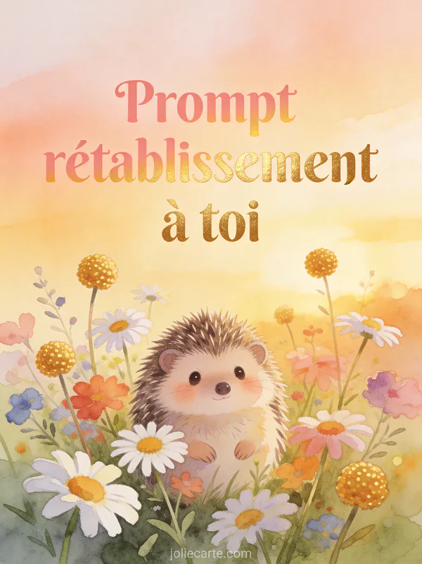 Petit hérisson mignon au milieu de fleurs sauvages colorées marguerites et boutons d'or dans la lumière dorée de fin de journée et le texte Prompt rétablissement à toi