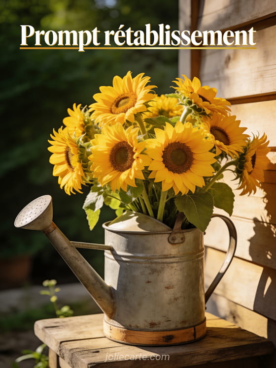 Bouquet de tournesols lumineux dans un arrosoir vintage en zinc sur un fond rustique en bois patiné et le texte Prompt rétablissement en lettres ivoire