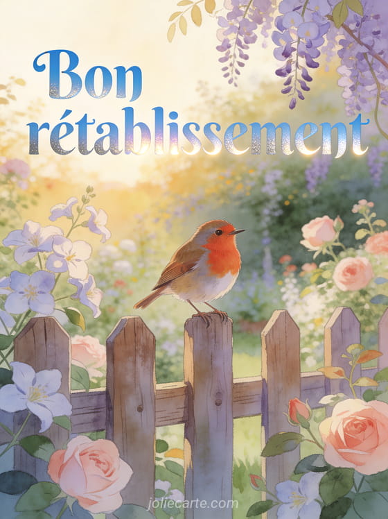 Petit rouge-gorge posé sur une clôture en bois devant un jardin anglais fleuri avec des roses trémières et de la glycine et le texte Bon rétablissement