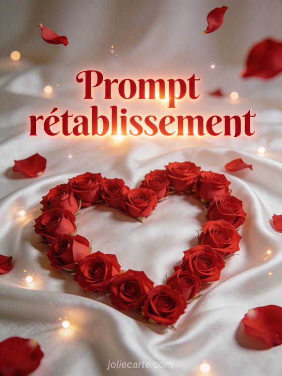 Coeur formé par des roses rouges posées sur du satin blanc avec des pétales éparpillés et des lumières scintillantes et le texte Prompt rétablissement