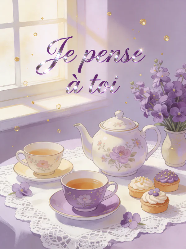 Théière en porcelaine fleurie avec tasses assorties sur nappe en dentelle et bouquet de violettes avec le texte Je pense à toi en lettres cursives violettes