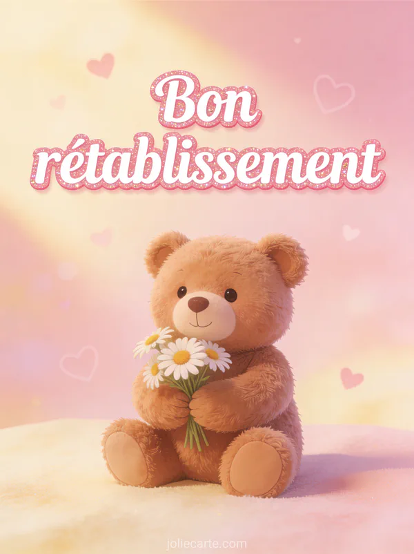 Ours en peluche brun tenant un petit bouquet de marguerites sur fond pastel rose et crème avec des coeurs légers et le texte Bon rétablissement