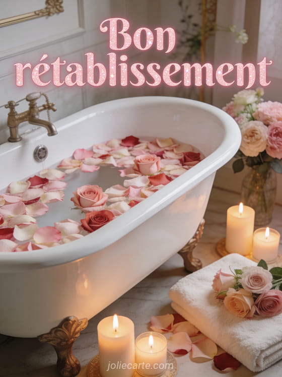 Bain de pétales de roses dans une baignoire vintage blanche avec des bougies allumées et des fleurs dans une ambiance spa luxueuse et le texte Bon rétablissement