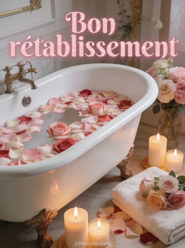 Bain de pétales de roses dans une baignoire vintage blanche avec des bougies allumées et des fleurs dans une ambiance spa luxueuse et le texte Bon rétablissement