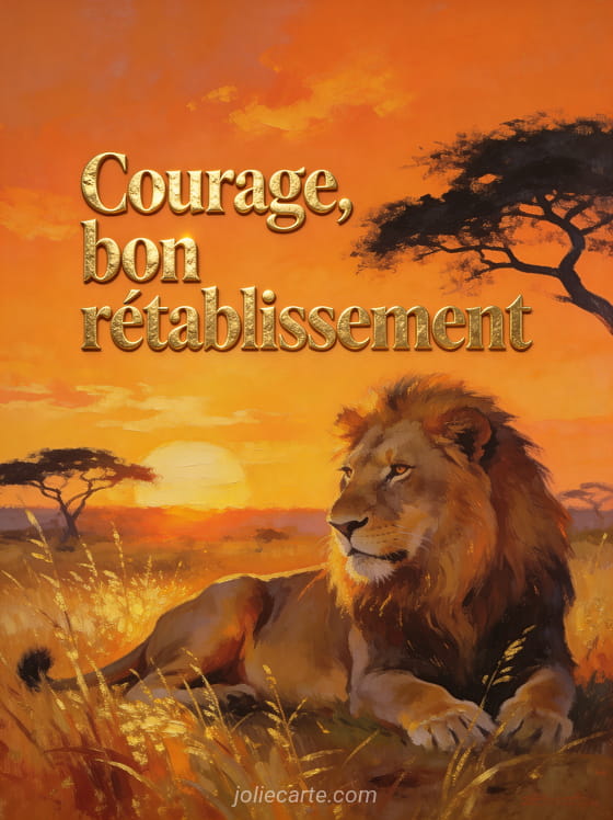 Lion majestueux au repos dans une savane au coucher du soleil avec des herbes dorées et un ciel orangé flamboyant et le texte Courage bon rétablissement