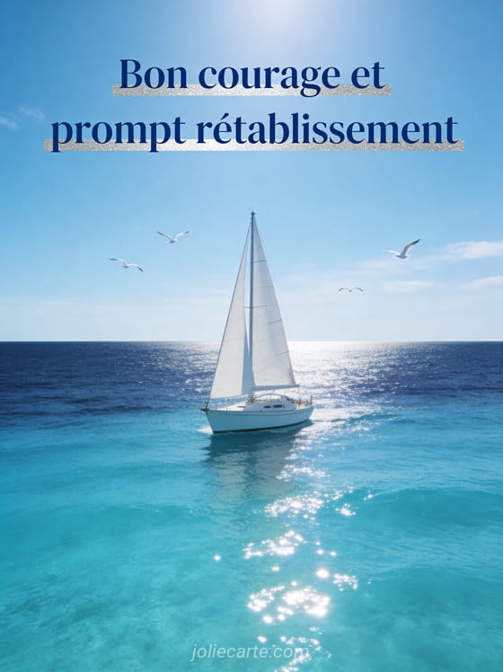 Voilier blanc sur une mer calme turquoise sous un ciel dégagé avec des mouettes en vol et des reflets de soleil sur l'eau et le texte Bon courage et prompt rétablissement