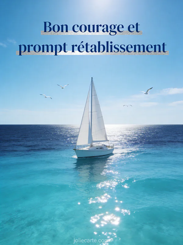 Voilier blanc sur une mer calme turquoise sous un ciel dégagé avec des mouettes en vol et des reflets de soleil sur l'eau et le texte Bon courage et prompt rétablissement