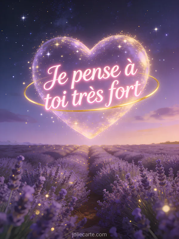 Grand coeur lumineux flottant au-dessus d'un champ de lavande au crépuscule avec étoiles scintillantes et le texte Je pense à toi très fort
