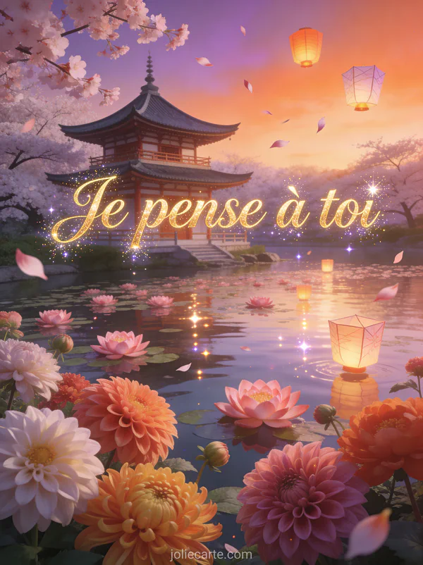 Pagode japonaise au bord d'un lac avec lotus roses et cerisiers en fleurs au crépuscule avec lanternes de papier et le texte Je pense à toi