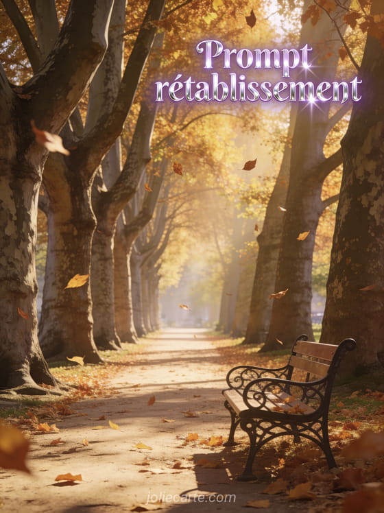 Allée de platanes centenaires en automne avec feuilles dorées qui tombent lumière filtrée et banc en fer forgé et le texte Prompt rétablissement