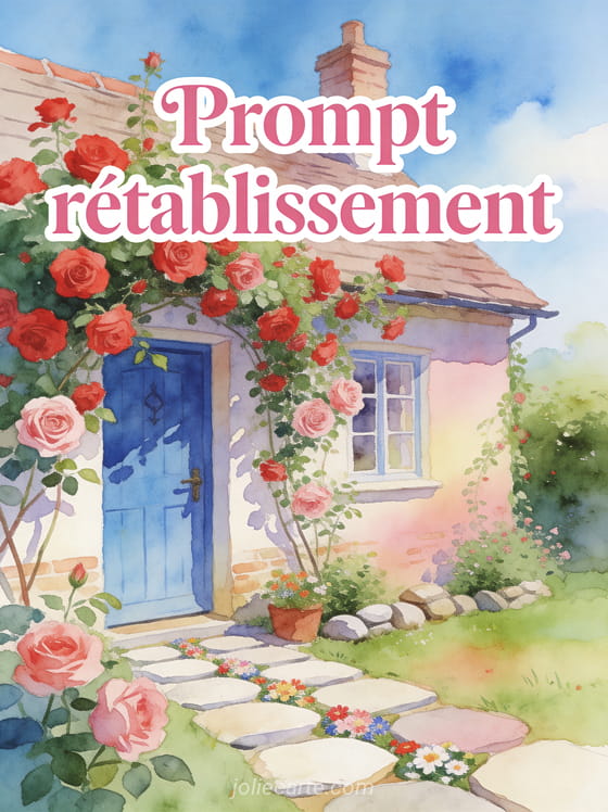 Cottage anglais couvert de roses grimpantes rouges et roses avec porte bleue allée de dalles et ciel bleu d'été et le texte Prompt rétablissement