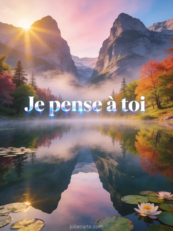 Lac miroir avec montagne inversée et vapeur légère au-dessus de l'eau sous un ciel rose et bleu avec le texte Je pense à toi en lettres blanches