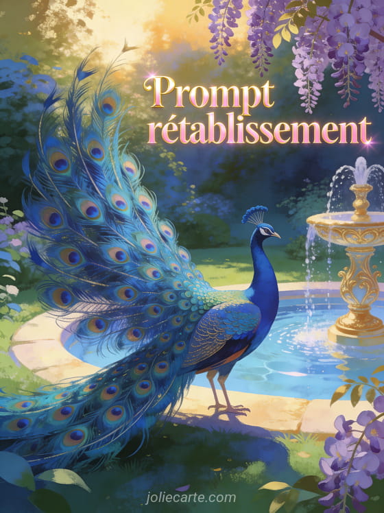 Paon majestueux déployant ses plumes iridescentes dans un jardin luxuriant avec fontaine et glycines mauves et le texte Prompt rétablissement