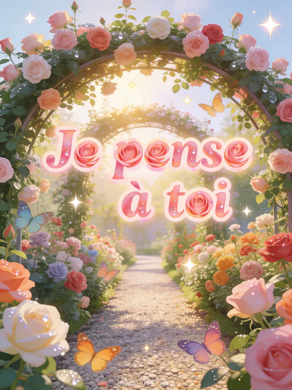 Roseraie en pleine floraison avec arches de roses grimpantes colorées et papillons dans la lumière dorée du matin avec le texte Je pense à toi