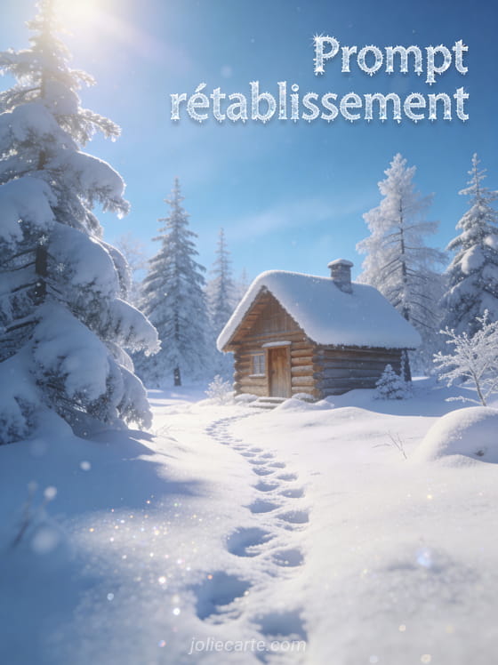 Paysage hivernal féérique avec chalet en bois sapins enneigés neige scintillante au soleil et ciel bleu clair et le texte Prompt rétablissement