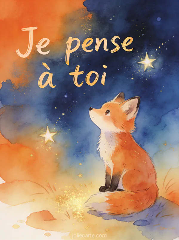 Dessin aquarelle d'un petit renard assis qui regarde les étoiles dans un ciel bleu nuit avec touches de lumière dorée et le texte Je pense à toi