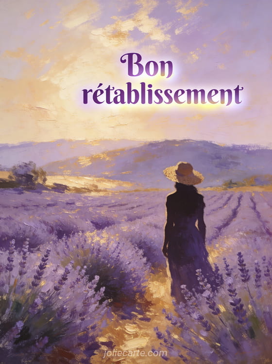Femme silhouette vue de dos contemplant un paysage de lavande en Provence avec un chapeau de paille et une lumière dorée d'été et le texte Bon rétablissement