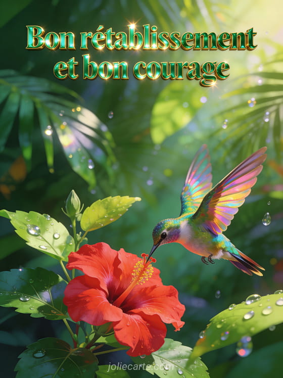 Colibri aux plumes iridescentes butinant une fleur d'hibiscus rouge dans un décor tropical luxuriant et le texte Bon rétablissement et bon courage