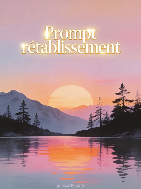 Coucher de soleil sur un lac de montagne avec des sapins en silhouette et des reflets roses et orangés sur l'eau et le texte Prompt rétablissement
