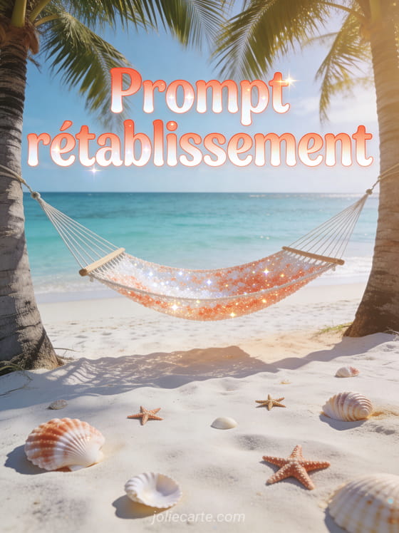 Hamac suspendu entre deux palmiers au bord d'une plage tropicale avec du sable blanc et une mer turquoise et le texte Prompt rétablissement