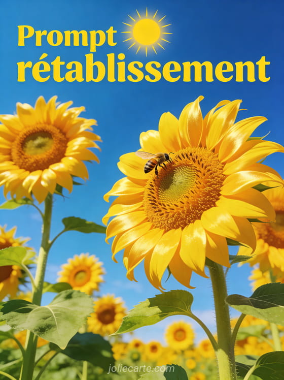 Champ de tournesols géants tournés vers le soleil sous un ciel bleu profond avec une abeille butinant et le texte Prompt rétablissement