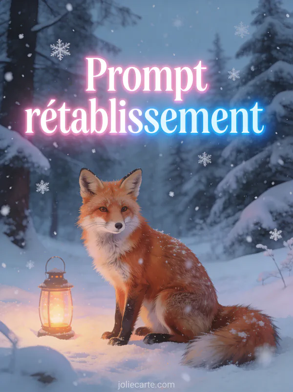 Renard roux assis dans une clairière enneigée avec des flocons qui tombent et des sapins couverts de neige et une lanterne avec le texte Prompt rétablissement