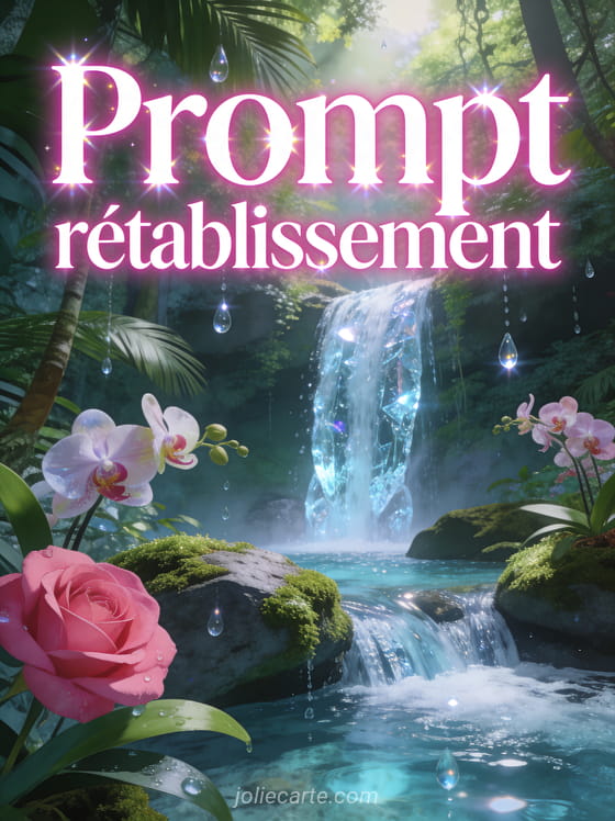 Cascade cristalline dans une forêt tropicale luxuriante avec des orchidées sauvages et des gouttelettes qui brillent et le texte Prompt rétablissement en lettres rose vif