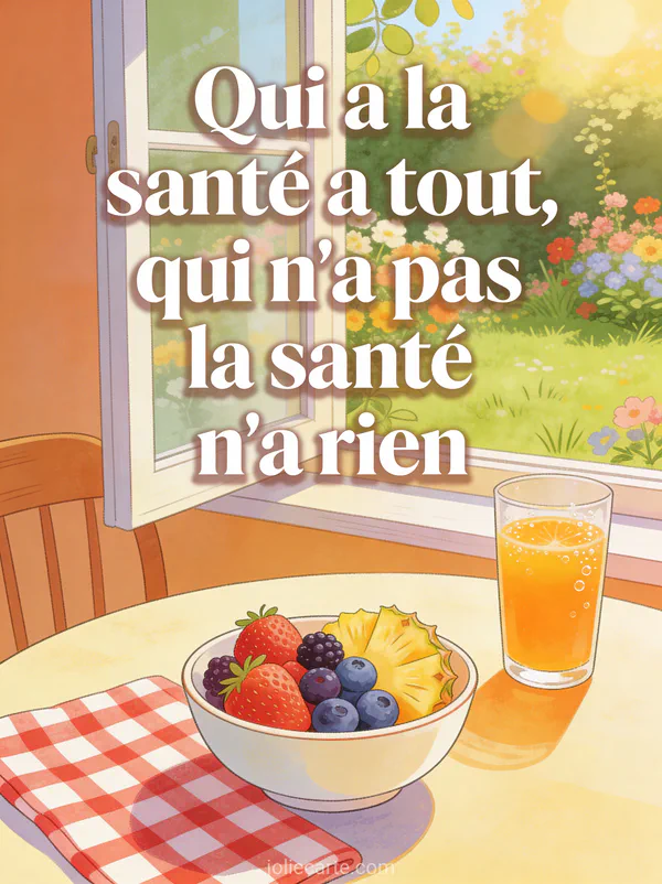 Table de petit-déjeuner au soleil avec un bol de fruits frais colorés et un jus d'orange devant une fenêtre ouverte sur un jardin et le texte Qui a la santé a tout