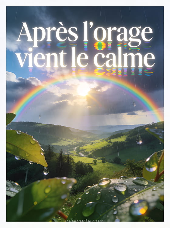 Paysage après l'orage avec arc-en-ciel complet au-dessus d'une vallée verte gouttes de pluie sur les feuilles et soleil perçant les nuages et le texte Après l'orage vient le calme