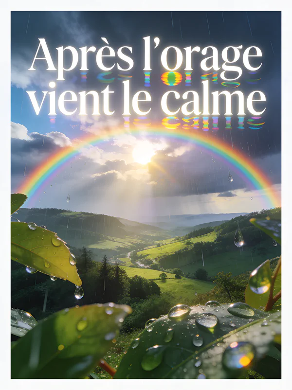 Paysage après l'orage avec arc-en-ciel complet au-dessus d'une vallée verte gouttes de pluie sur les feuilles et soleil perçant les nuages et le texte Après l'orage vient le calme