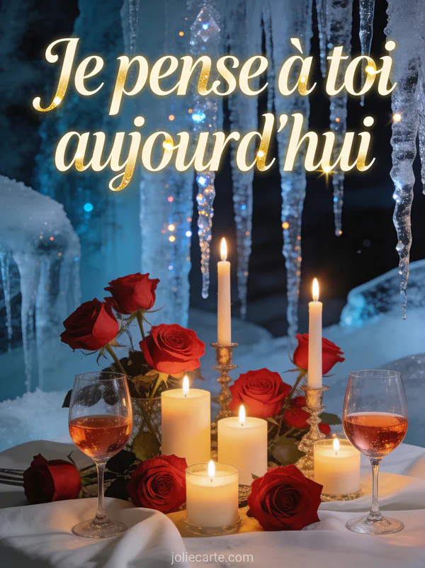 Bougies allumées avec roses rouges et verres de vin rosé sur nappe blanche avec stalactites de glace en arrière-plan et le texte Je pense à toi aujourd'hui