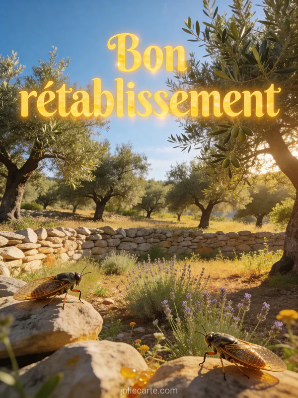 Verger d'oliviers en Provence avec lumière dorée de fin d'après-midi herbes aromatiques et muret en pierres sèches et le texte Bon rétablissement