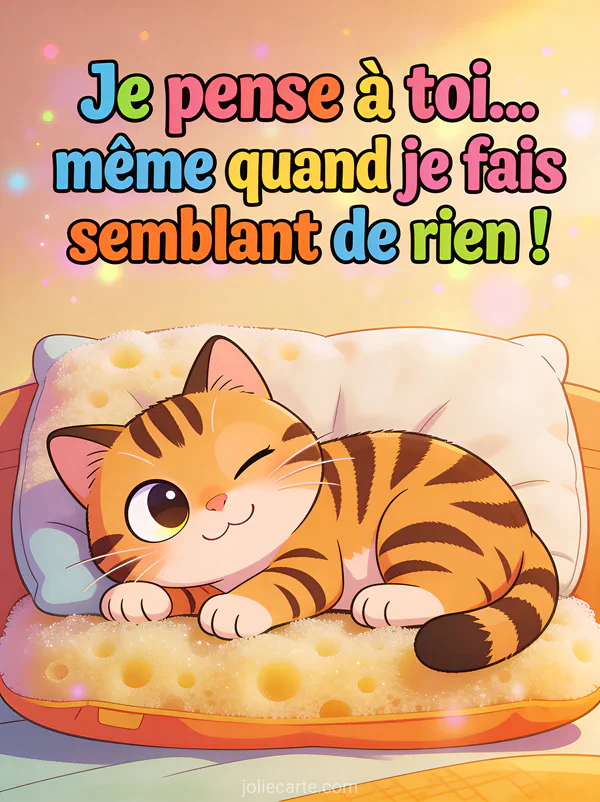 Chat tigré faisant semblant de dormir avec un oeil grand ouvert et un sourire en coin sur un coussin moelleux avec le texte humoristique