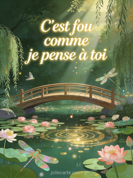 Pont en bois courbé enjambant un étang couvert de lotus roses avec saules pleureurs et libellules dans une lumière dorée filtrée et le texte C'est fou comme je pense à toi