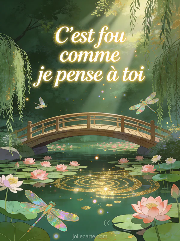 Pont en bois courbé enjambant un étang couvert de lotus roses avec saules pleureurs et libellules dans une lumière dorée filtrée et le texte C'est fou comme je pense à toi