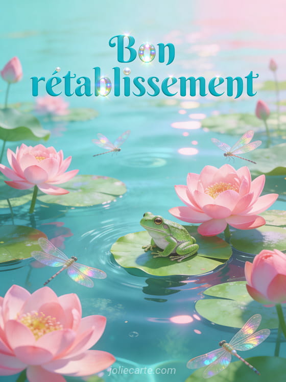 Jardin de nénuphars avec fleurs de lotus roses épanouies grenouille verte sur une feuille et libellules iridescentes et le texte Bon rétablissement