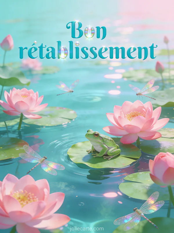 Jardin de nénuphars avec fleurs de lotus roses épanouies grenouille verte sur une feuille et libellules iridescentes et le texte Bon rétablissement