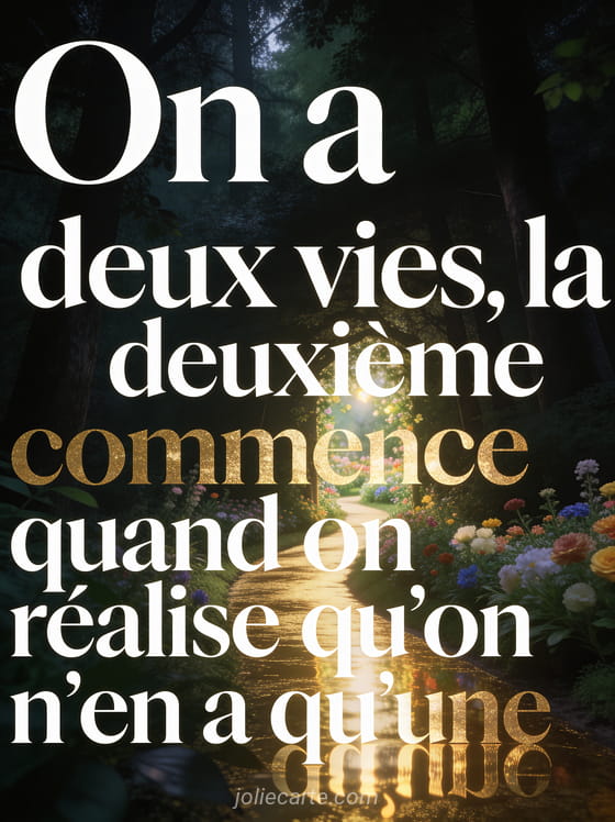 Chemin de lumière doré s'ouvrant dans une forêt sombre menant vers un jardin lumineux et fleuri avec contraste ombre et lumière et le texte inspirant