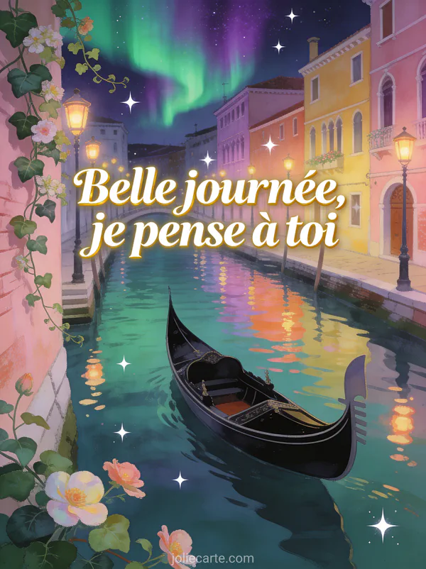Canal vénitien avec gondole et façades colorées sous une aurore boréale avec chèvrefeuille grimpant et le texte Belle journée je pense à toi