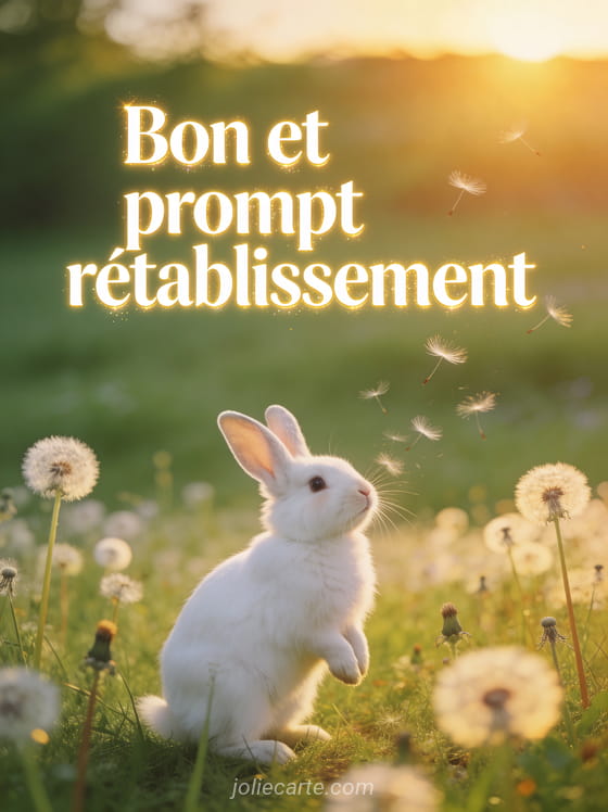 Adorable lapin blanc dans un champ de pissenlits avec graines qui volent dans la lumière dorée du soleil couchant et le texte Bon et prompt rétablissement