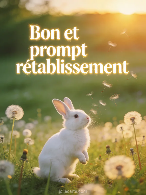 Adorable lapin blanc dans un champ de pissenlits avec graines qui volent dans la lumière dorée du soleil couchant et le texte Bon et prompt rétablissement