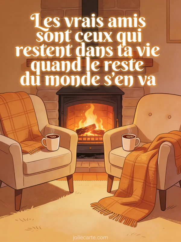 Deux fauteuils côte à côte devant une cheminée avec feu crépitant et deux tasses de chocolat chaud avec le texte sur l'amitié