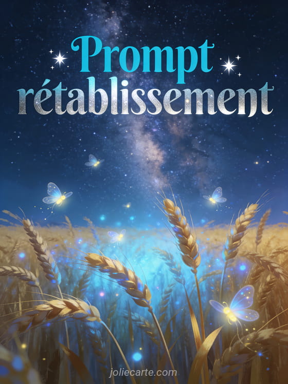 Ciel étoilé au-dessus d'un champ de blé doré avec la voie lactée visible et des lucioles volant au-dessus des épis et le texte Prompt rétablissement