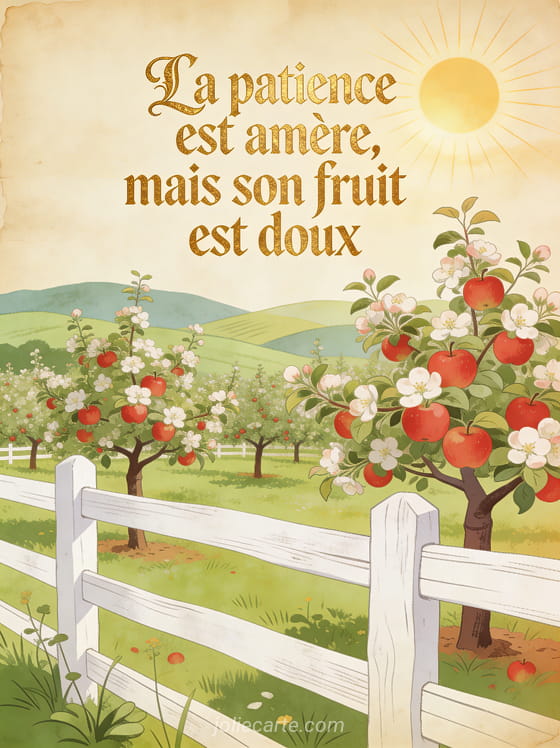 Verger de pommiers en fleurs avec des pommes rouges mûres et une clôture blanche dans la lumière dorée de fin d'été et le texte La patience est amère mais son fruit est doux
