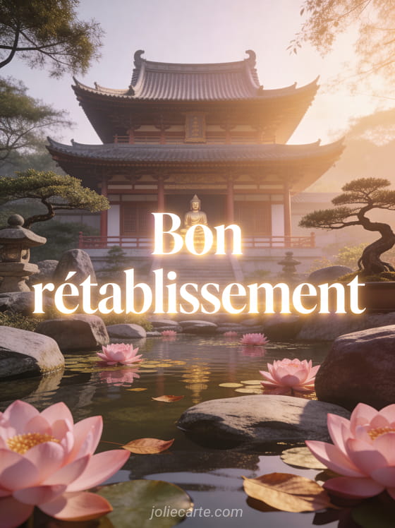 Temple bouddhiste paisible entouré de lotus roses sur un étang avec un jardin de pierres et de bonsaïs dans la lumière dorée du matin et le texte Bon rétablissement