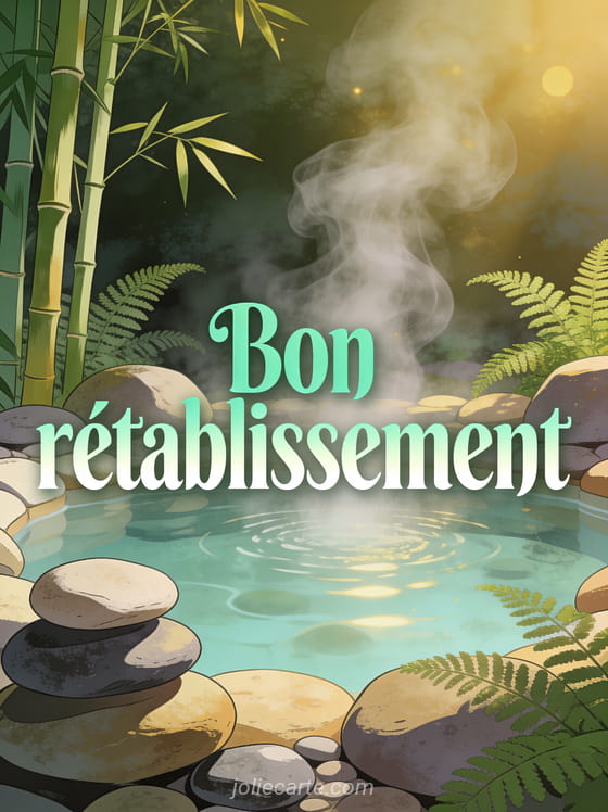 Spa naturel avec des sources chaudes entourées de pierres lisses avec de la vapeur légère des bambous et des fougères et le texte Bon rétablissement